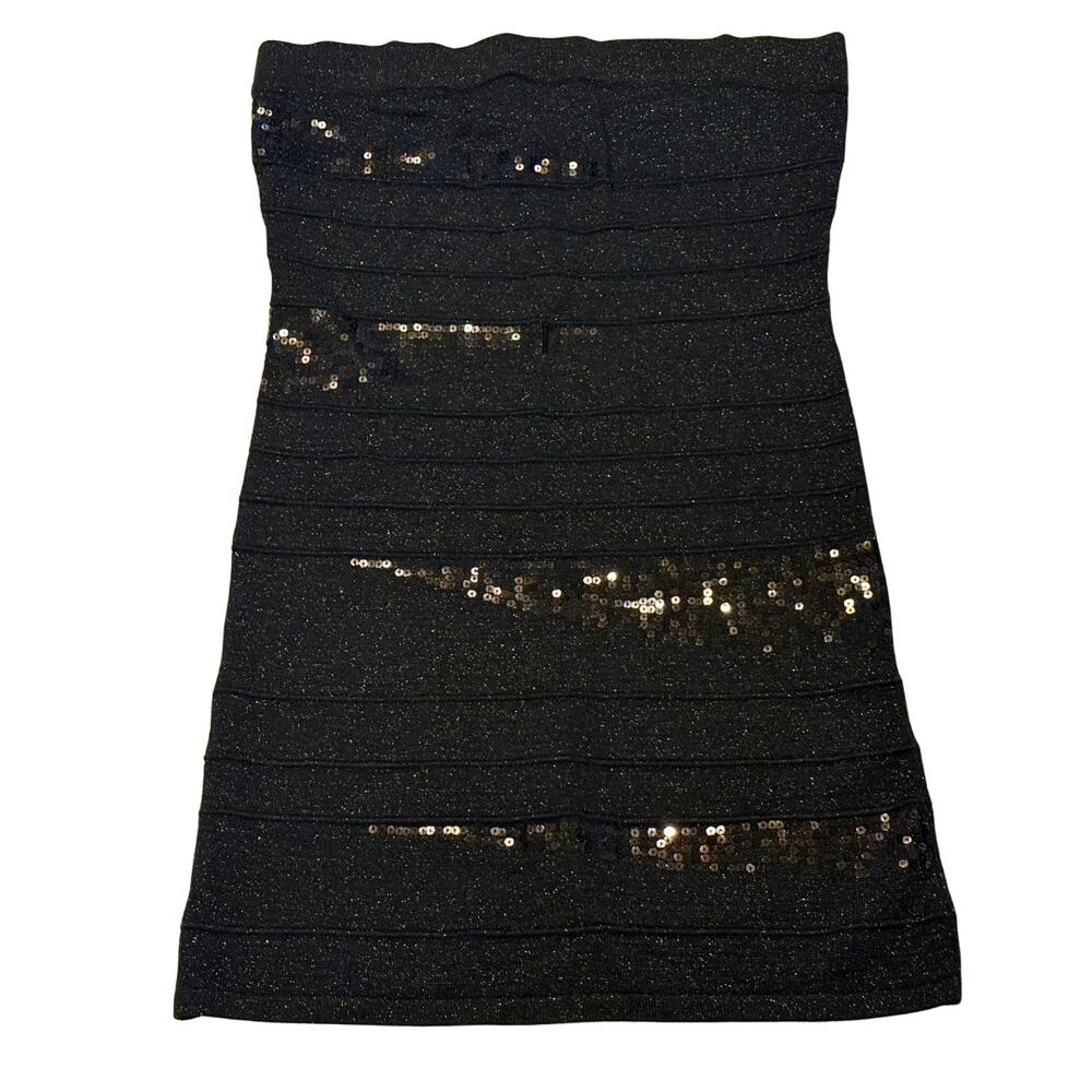 Y2K Black Bandage Bodycon Dress Strapless Tube Mini Glitter Sequins Large